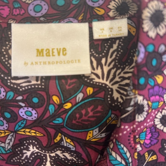Maeve Anthropologie Burgundy Multicolor Floral Ruffle Hem Blouse Women Sz 4 - Picture 2 of 9